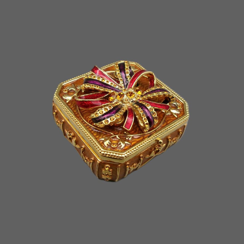 Joan Rivers Trinket Box w/ Brooch and Earrings, Gold and Enamel w/ Crystals, Vtg - Picture 2 of 10